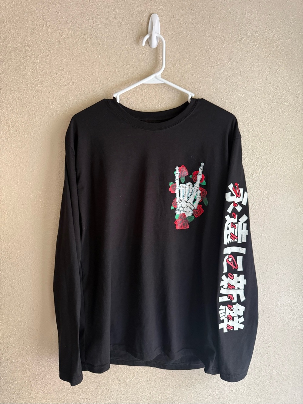 Fresh Laundry Men’s Skeleton Rose Long Sleeve Black Japanese Shirt L